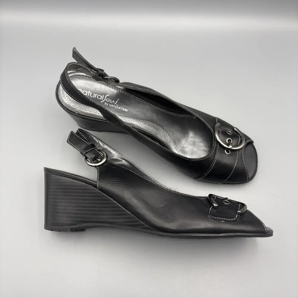 Natural Soul Shoes Size 9 Black Silver Buckle Sling Back Peep Toe Wedge Heels